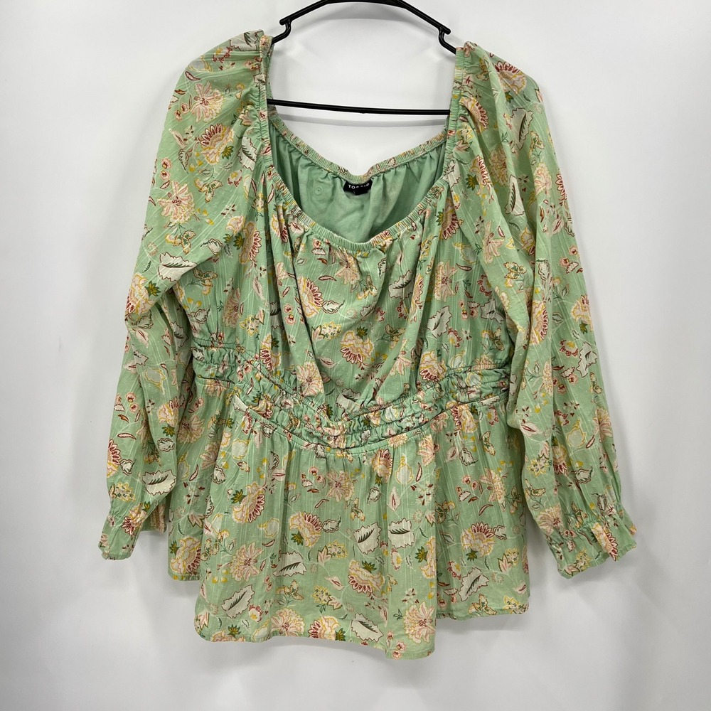 Torrid Floral Print Peplum Blouse Square Neck Long Sleeve Green Women Size 2